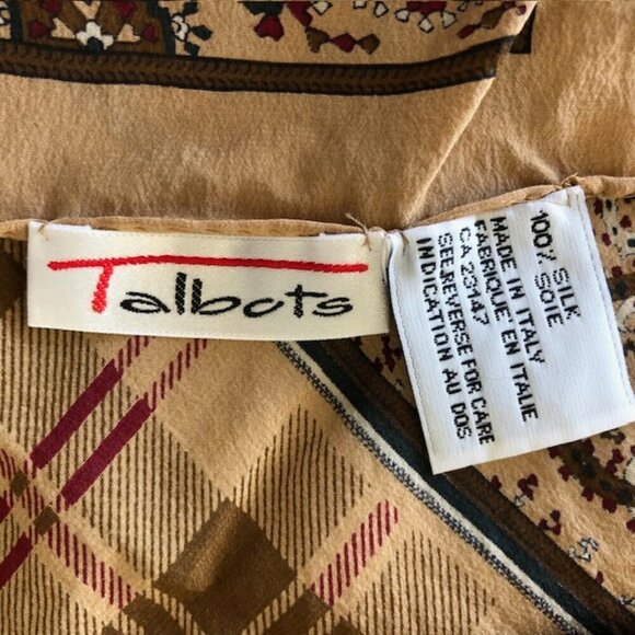 TALBOTS Italian Silk Brown Paisley Plaid Scarf 33" Square - Picture 13 of 17